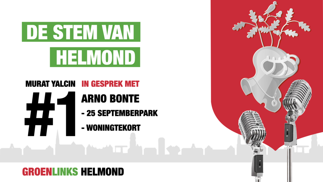 Podcast De stem van Helmond, eerste afleveren met Arno Bonte - wapen van Helmond met twee microfoons ervoor