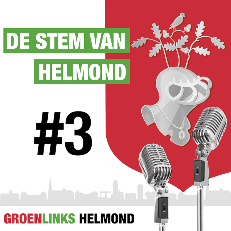 Podcast De Stem van Helmond, wapen van Helmond met 2 microfoons