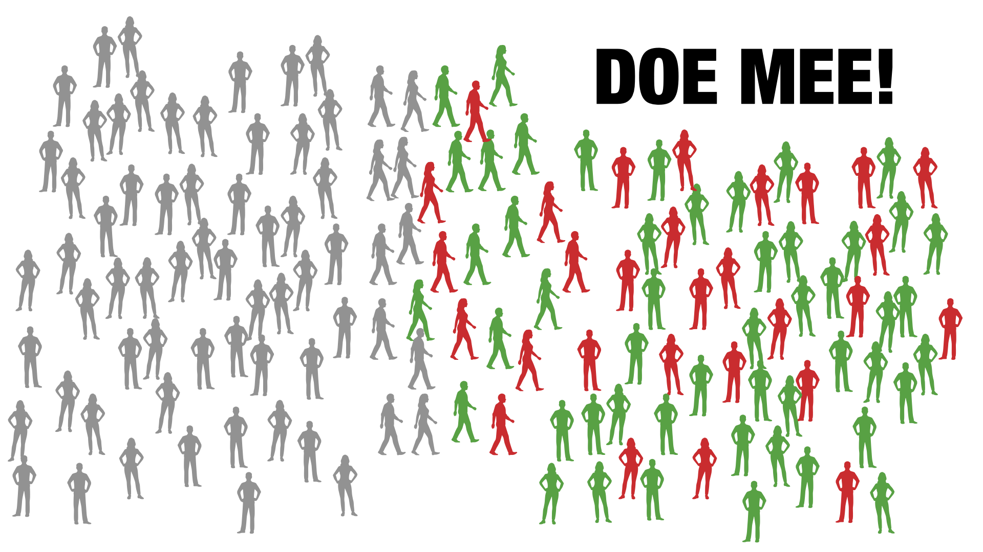 groep grijze mensen die verplaatst naar groep rode en groene mensen met de tekst doe mee!